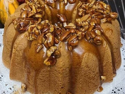 Sweet Potato Cream Cheese Pound Cake with a Pecan Praline Bourbon Sauce